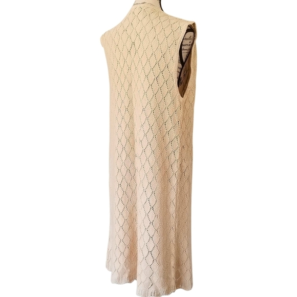 Vintage 90s Cream Ramie & Cotton Knit Beige Front Tie Duster S/M - Picture 3 of 6